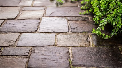 Close-Up View of Stone Paving with Green Foliage Accents