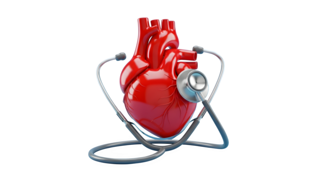 3D Render of a Shiny Heart with a Stethoscope for Medical Examination on transparent background