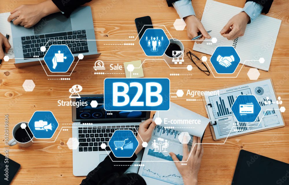 Poster an overhead view of a business meeting featuring collaborative strategies and e-commerce concepts, h