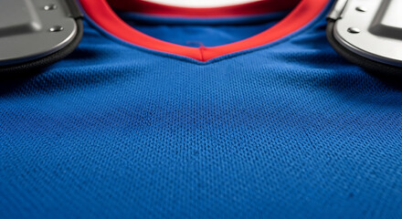 Close up of a blue sports jersey with red trim and shoulder pads detailed texture of athletic fabric and sporty apparel for team sports and active lifestyle concepts