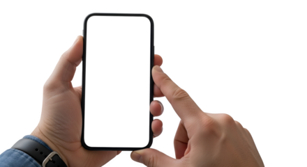view of a modern smartphone held by two hands, ready for your content on transparent background