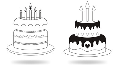 Minimalist Birthday Cake Line Art Illustration with Candles  Black and White Vector