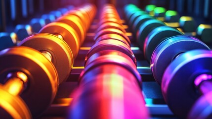 Colorful Dumbbells in a Gym Setting with Dramatic Lighting Effects