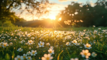 Obraz premium Dawn Light Over Meadow of White Flowers and Green Grass