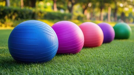 Colorful exercise balls arranged on green grass in sunny park scene