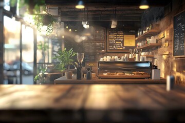 A blurred view of a coffee shop interior with a counter, equipment, and menu boards on the wall