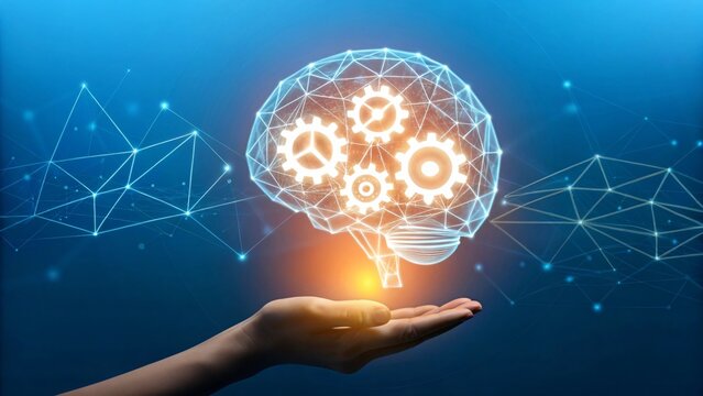 Hand holding glowing wireframe brain with gears image