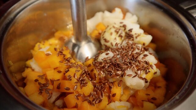 Chopped vegetables with flax seeds in a pot, ready to be blended with a hand blender. A healthy and colorful base for a homemade vegetarian puree or soup.
