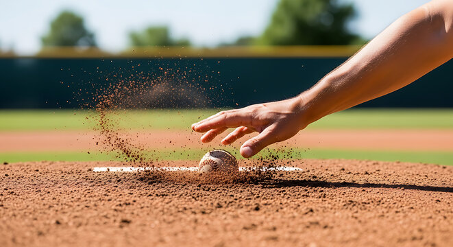 Close up of a baseball player diving to catch a ball on a dusty field creating a spray of dirt - Powered by Adobe