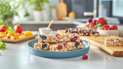 Colorful Granola Bars with Fresh Fruits in Modern Kitchen Setting