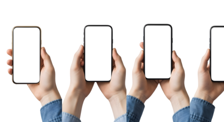 Row of Hands Holding Mobile Phones with Blank Screens for App Promotion on transparent background