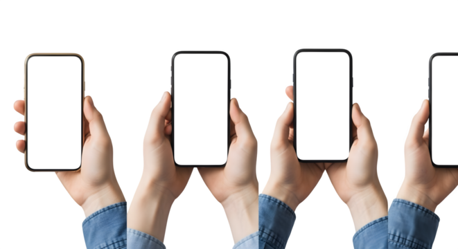 Row of Hands Holding Mobile Phones with Blank Screens for App Promotion on transparent background