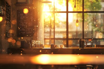 Sunlit cafe interior with coffee cups and glasses on a wooden counter near a large window panel