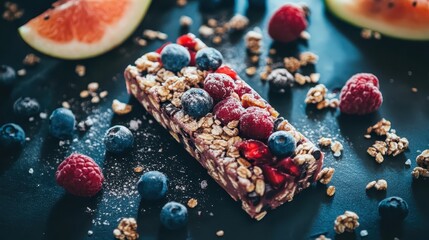 Colorful Healthy Snack Bar with Fresh Berries and Nuts on Black Surface