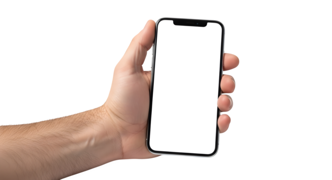 Hand holding a modern smartphone with a blank screen, for easy placement on transparent background