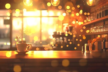 A cup of coffee on a wooden counter in a cafe with bokeh lights and glassware on shelving behind it