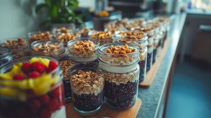 Colorful Jars of Healthy Granola with Fruits and Yogurt on Display