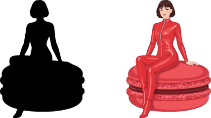 Red catsuit woman sitting on pink macaron illustration dessert food design art