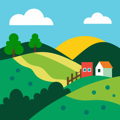 Naklejka premium rural landscape with houses and trees