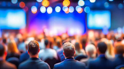 Business conference with professional audience attending corporate presentation. Colorful stage lights and bokeh effect in modern venue. Executive seminar for leadership training, networking
