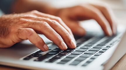 Senior hands typing on laptop keyboard, detail of fingers working on computer. Professional office workspace technology for business communication, digital productivity, online programming tasks.