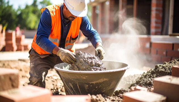 Trabajador de la construcci&oacute;n mezclando cemento en un cubo en una obra

