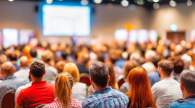 Business conference audience listening to presentation in auditorium. Professional seminar with corporate attendees seated in venue. Educational workshop event with speaker, projector screen, modern