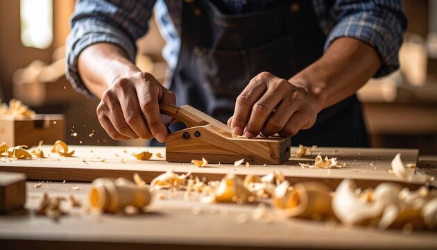 Primer plano de carpintero profesional alisando madera con cepillo de mano

