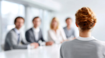 Professional business interview meeting with corporate team panel discussing career opportunities, recruitment process, and strategic planning in modern office boardroom environment.