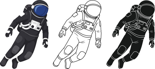 Astronaut vector illustration set in color outline and silhouette styles design