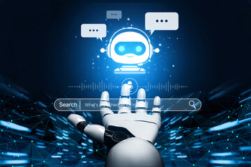 AI assistant uses voice commands and smart chatbot interface for seamless search and communication,...