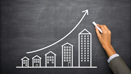 Hand drawing upward growth arrow on buildings blackboard