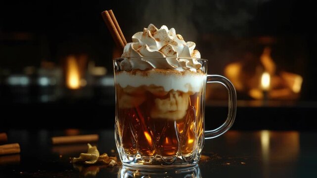 Ice cream soda with whipped cream and cinnamon on a black table.