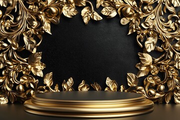 Golden floral ornament framing a black textured background with a round pedestal display stand