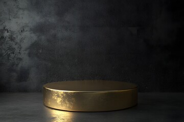 A golden cylindrical platform against a dark textured backdrop for product presentation and display