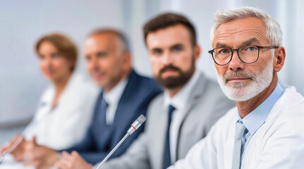 Senior businessman with glasses and beard speaking at corporate conference. Executive leader with microphone during business meeting. Professional team discussion with experienced manager presentation