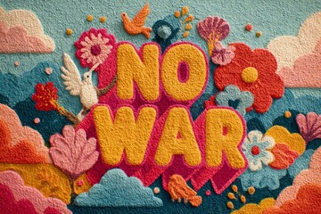 Colorful no war text surrounded by flowers and birds, promoting peace, harmony, and an end to conflict