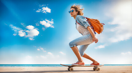 Young woman skateboarding on beach with orange backpack, sunglasses. Ocean waves, blue sky, white clouds background. Active lifestyle, summer vacation adventure, coastal sport recreation, freedom