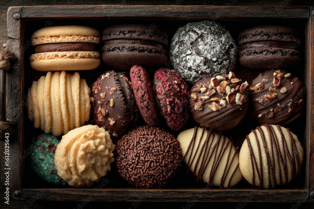 Poster delicious cookies and macarons of various flavors and toppings are neatly arranged in a rustic woode