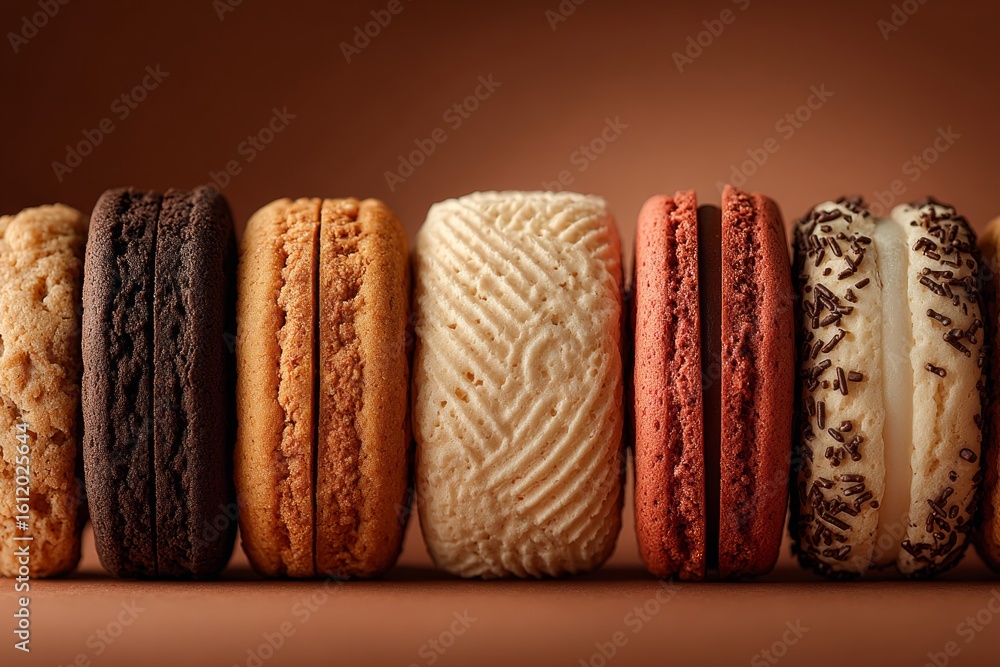Poster close-up of macarons with various flavors and colors, creating a visually appealing arrangement