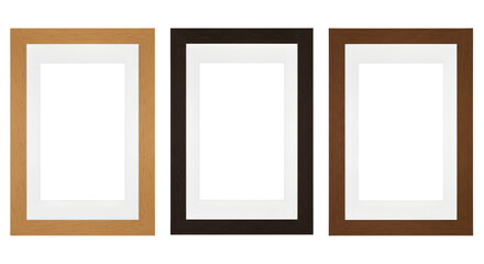 Three Wooden Photo Frames with White Matting, Different Wood Tones on transparent background