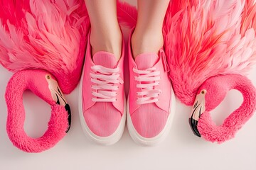 A pair of pink sneakers with white soles surrounded by pink flamingo decorations on white background
