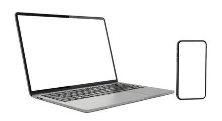 3D Render of a Modern Laptop Computer and a Mobile Phone with Blank Screens on transparent background