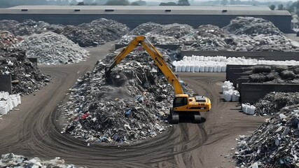 An excavator sorts through piles of waste material at a recycling facility. - Powered by Adobe