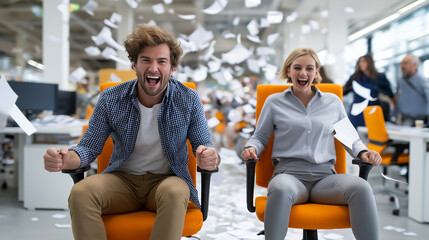Obraz premium Two enthusiastic office workers racing on swivel chairs through a busy office with flying papers