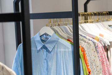 Stylish clothing display in a modern retail store showcasing vibrant fashion