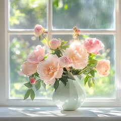 A light green vase filled with pink peonies sitting on a white windowsill near a bright window pane