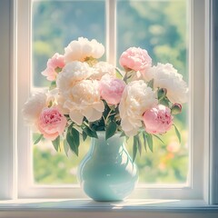 A vase of pink and white peonies sitting on a windowsill with a blurred background outside the window