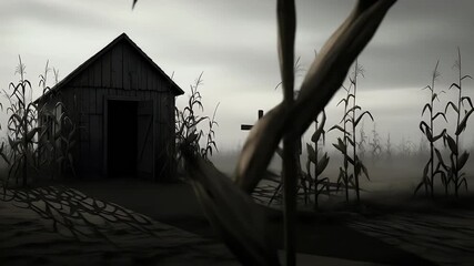 A bleak, monochrome scene of a weathered shed in a cornfield, with a cross. - Powered by Adobe