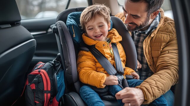 Father securing his smiling son in a car seat with a backpack visible in the vehicle interior
